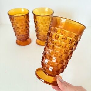 Vintage Mid-Century Amber / Harvest Gold Cubist Pattern Glasses — Set of 3